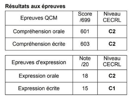 Relevé anonymisé : compréhension orale 601 C2, compréhension écrite 603 C2, expression orale 18 C2 et expression écrite 15 C1.