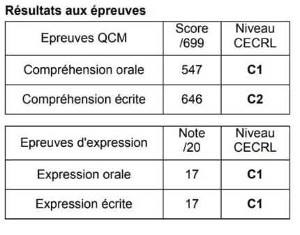 Relevé anonymisé : compréhension orale 547 C1, compréhension écrite 646 C2, expression orale 17 C1 et expression écrite 17 C1.